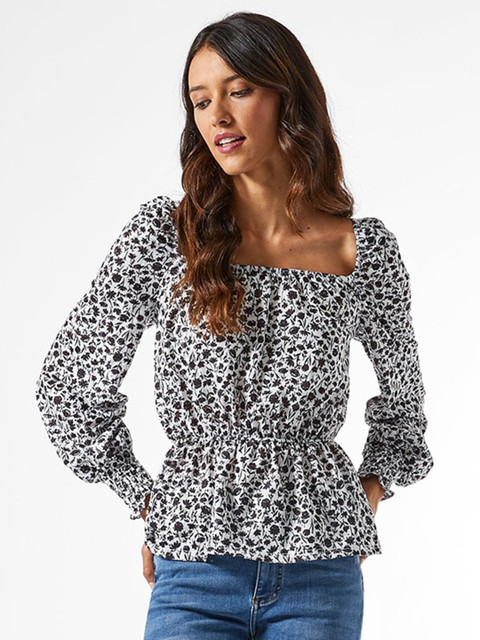 

DOROTHY PERKINS Women White & Black Smocked Detail Floral Printed Cinched Waist Top