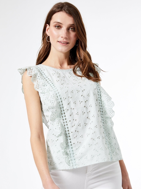 

DOROTHY PERKINS Women Sea Green Schiffli Embroidered Pure Cotton Top