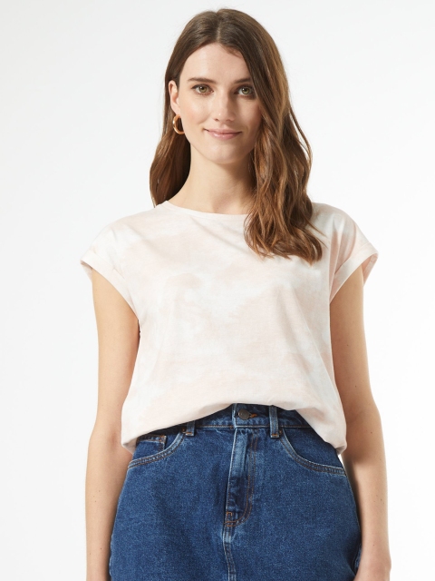

DOROTHY PERKINS Women Peach-Coloured & White Solid Round Neck T-shirt