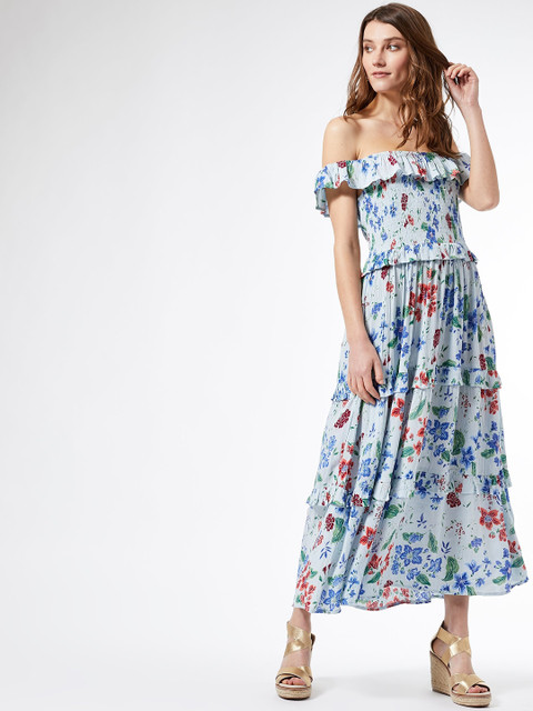 

DOROTHY PERKINS Women Blue & Red Floral Printed Tiered Off-Shoulder Maxi Dress