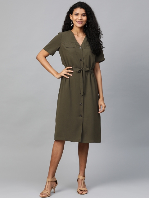 

DOROTHY PERKINS Women Olive Green Solid A-Line Dress