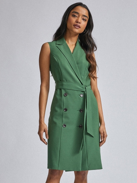 

DOROTHY PERKINS Women Green Petite Double-Breasted Solid Trench Dress