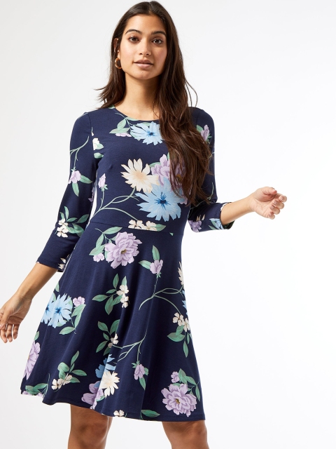 

DOROTHY PERKINS Women Navy & Pink Floral Print Fit & Flare Dress, Navy blue