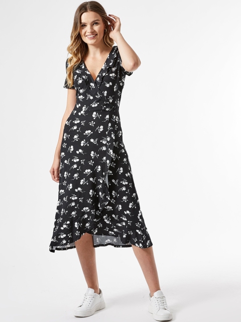 

DOROTHY PERKINS Women Black & White Floral Print Wrap Dress