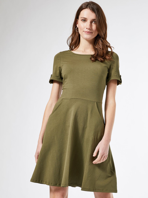 

DOROTHY PERKINS Women Olive Green Solid Fit and Flare Dress