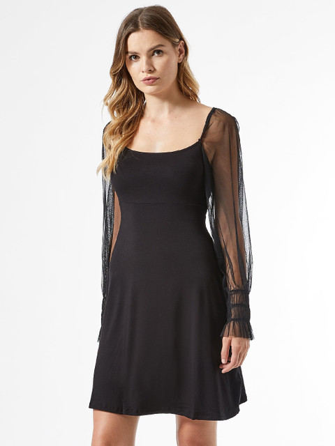 

DOROTHY PERKINS Women Black Solid Puff Sleeves A-Line Dress