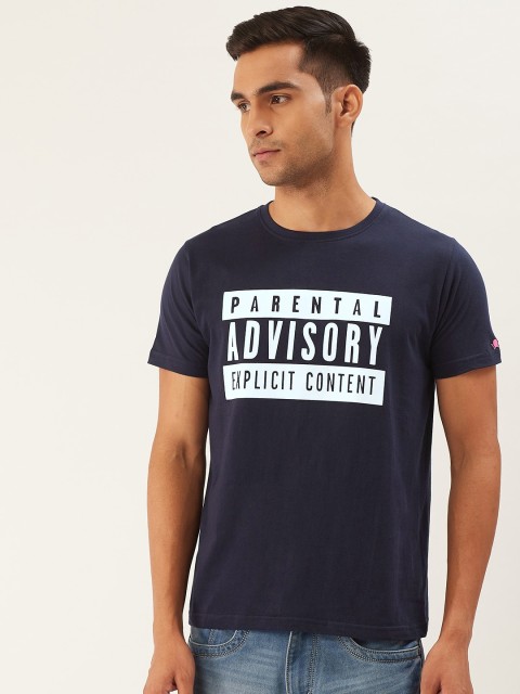 

PRINTOCTOPUS Men Navy Blue White Printed Round Neck Pure Cotton T-shirt