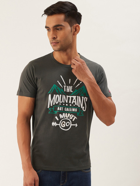 

PRINTOCTOPUS Men Charcoal Grey White Printed Round Neck Pure Cotton T-shirt