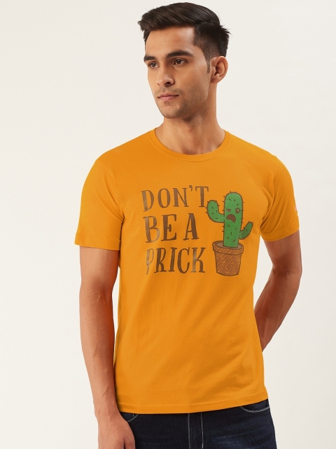 

PRINTOCTOPUS Men Mustard Yellow Brown Printed Round Neck Pure Cotton T-shirt