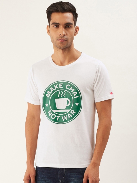 

PRINTOCTOPUS Men White Green Printed Round Neck Pure Cotton T-shirt