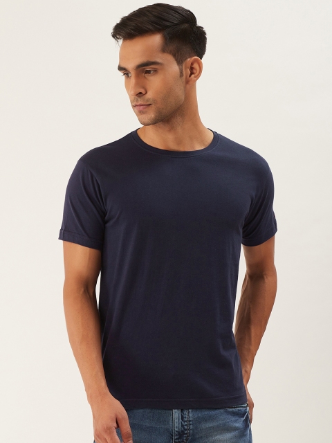 

PRINTOCTOPUS Men Navy Blue Solid Round Neck Pure Cotton T-shirt