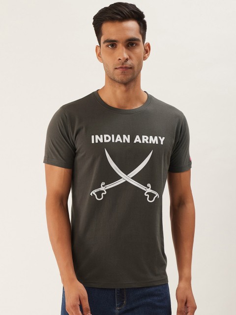

PRINTOCTOPUS Men Charcoal Grey White Printed Round Neck Pure Cotton T-shirt