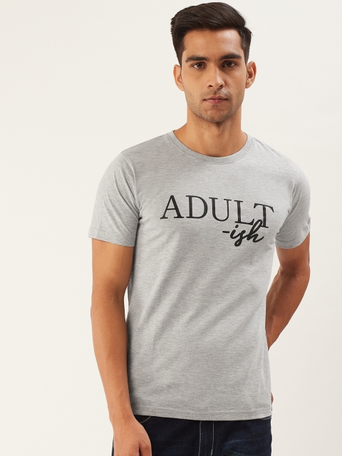 

PRINTOCTOPUS Men Grey Melange Black Printed Round Neck Pure Cotton T-shirt