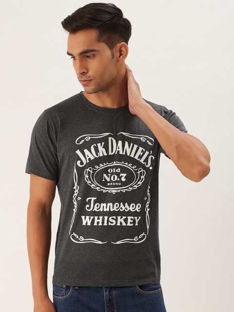 

PRINTOCTOPUS Men Charcoal Grey White Printed Round Neck Pure Cotton T-shirt