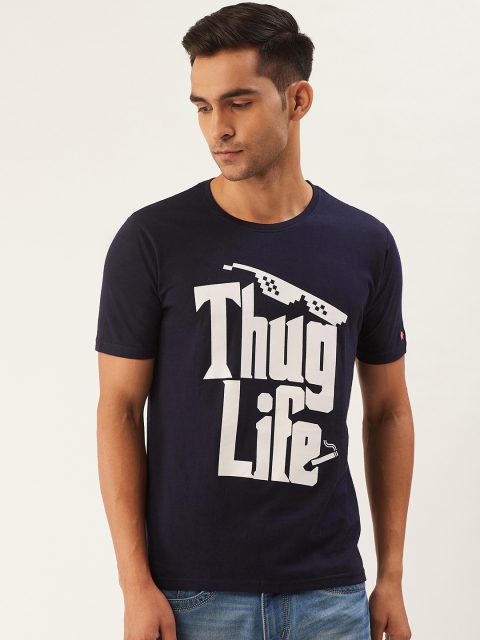 

PRINTOCTOPUS Men Navy Blue White Printed Round Neck Pure Cotton T-shirt