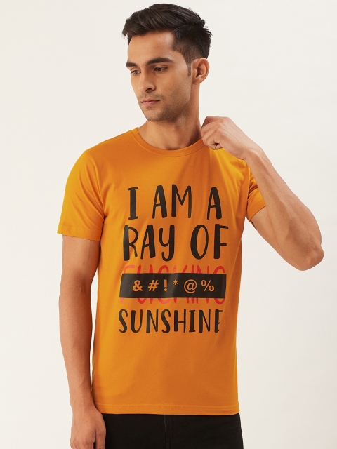 

PRINTOCTOPUS Men Mustard Yellow Black Printed Round Neck Pure Cotton T-shirt