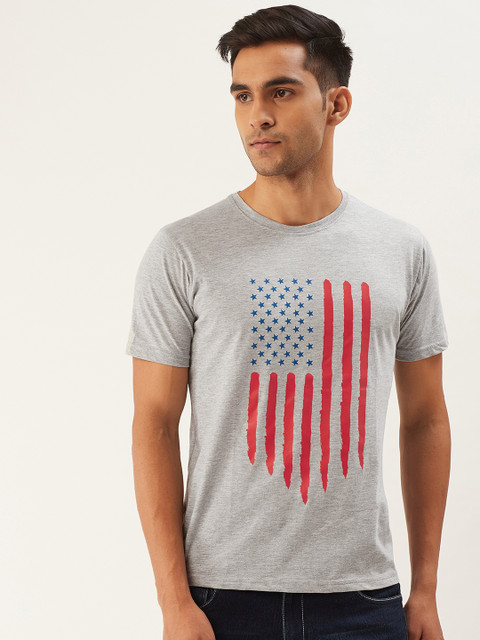 

PRINTOCTOPUS Men Grey Melange USA Flag Printed Round Neck Pure Cotton T-shirt