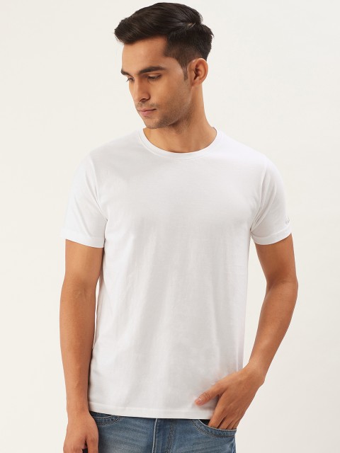 

PRINTOCTOPUS Men White Solid Round Neck Pure Cotton T-shirt