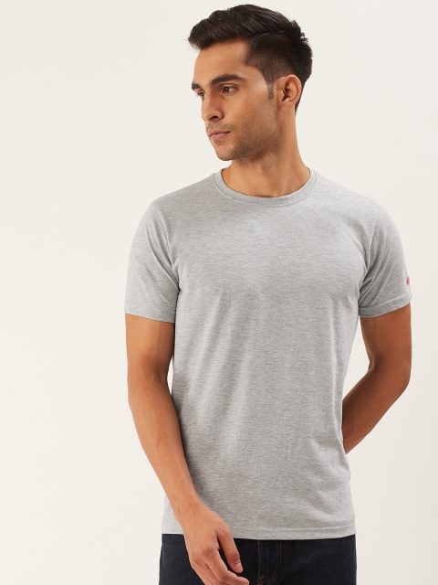 

PRINTOCTOPUS Men Grey Melange Solid Round Neck Pure Cotton T-shirt