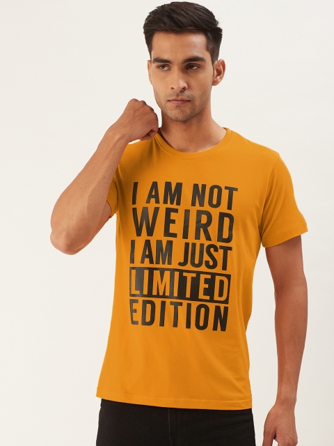 

PRINTOCTOPUS Men Mustard Yellow & Black Printed Round Neck T-shirt