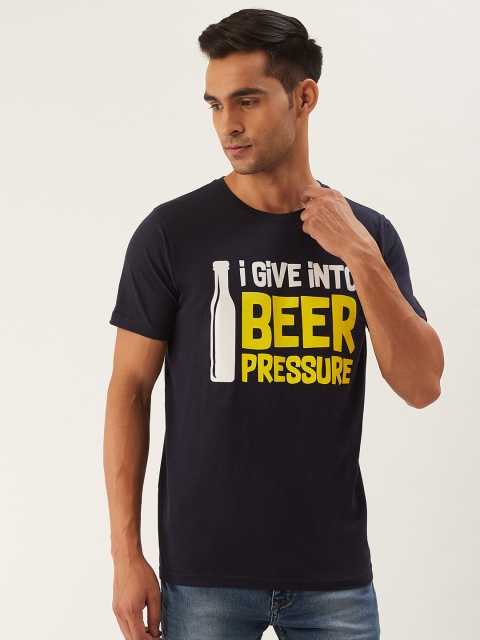 

PRINTOCTOPUS Men Navy Blue & Yellow Printed Round Neck T-shirt
