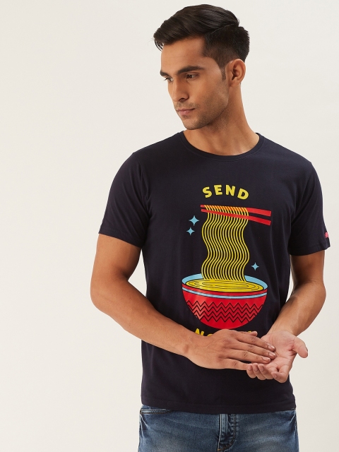 

PRINTOCTOPUS Men Navy Blue Yellow Printed Round Neck Pure Cotton T-shirt