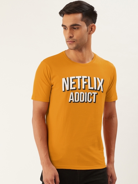 

PRINTOCTOPUS Men Mustard Yellow White Printed Round Neck Pure Cotton T-shirt