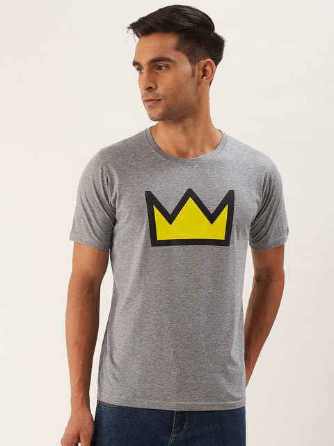 

PRINTOCTOPUS Men Grey Melange & Yellow Printed Round Neck T-shirt