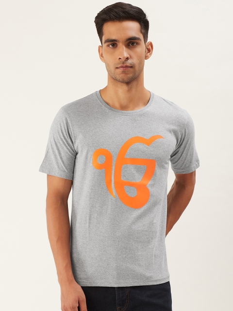 

PRINTOCTOPUS Men Grey Melange & Orange Printed Round Neck T-shirt