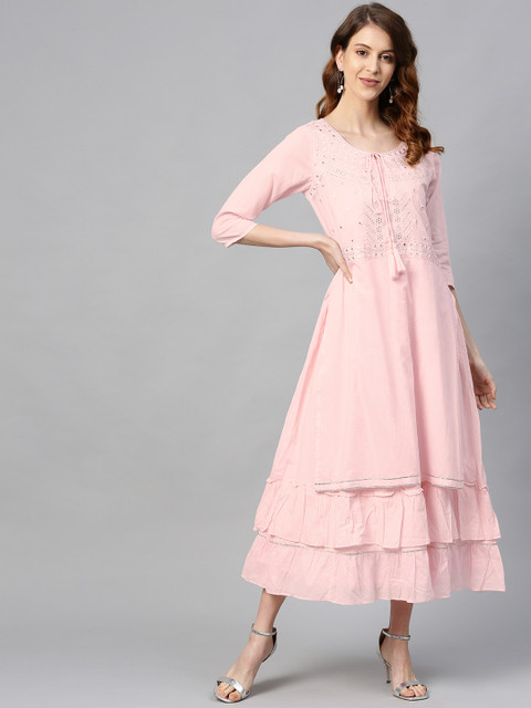 

Juniper Women Pink Embroidered Mirror Work Layered Maxi Dress