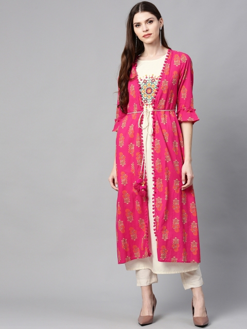 

Juniper Women Pink & Off-White Block Print Layered A-Line Kurta