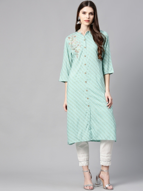 

Juniper Women Mint Green & Golden Khari Print Straight Kurta with Embroidered Detail