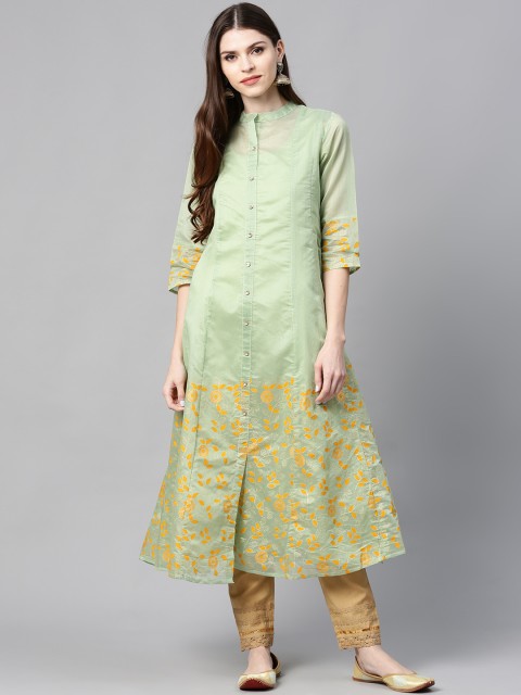 

Juniper Women Green & Mustard Yellow Printed Anarkali Kurta