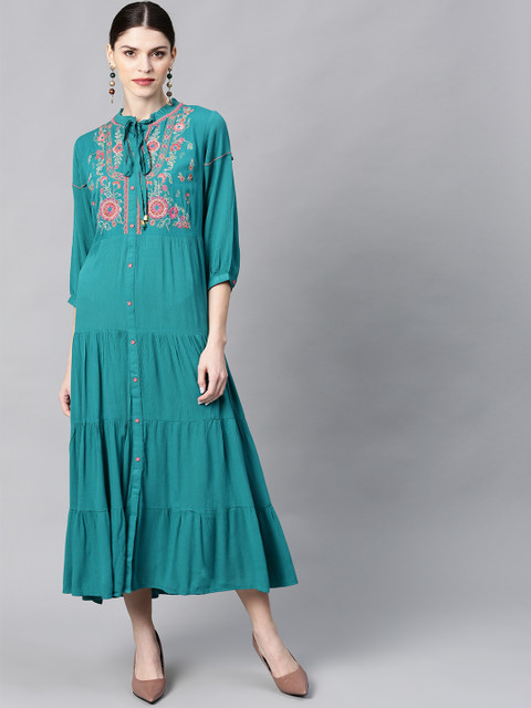 

Juniper Women Teal Blue & Pink Embroidered Tiered Maxi Dress