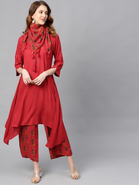 

Juniper Women Red & Yellow Solid Kurta with Palazzos & Scarf