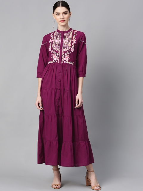 

Juniper Women Burgundy Embroidered Tiered Maxi Dress