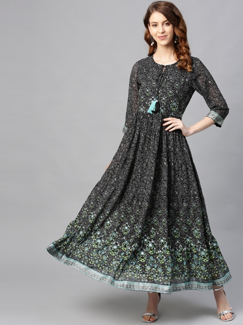 

Juniper Women Black & Grey Floral Foil Printed Tiered Maxi Dress