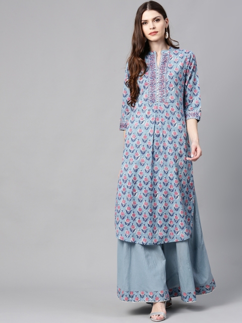 

Juniper Women Blue & Pink Block Print Straight Kurta