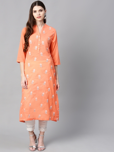 

Juniper Women Peach-Coloured & Off-White Embroidered Straight Kurta