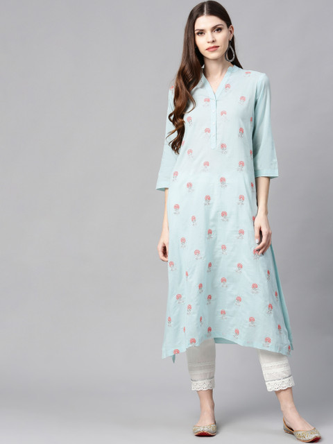 

Juniper Women Blue & Coral Pink Embroidered A-Line Kurta