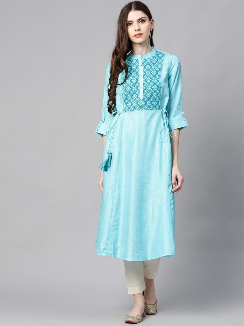 

Juniper Women Turquoise Blue Yoke Design A-Line Kurta