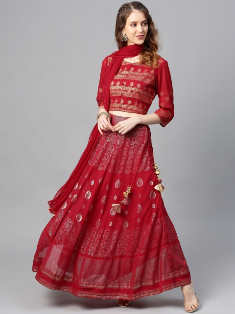 

Juniper Maroon & Golden Foil Print Ready to Wear Lehenga & Blouse with Dupatta