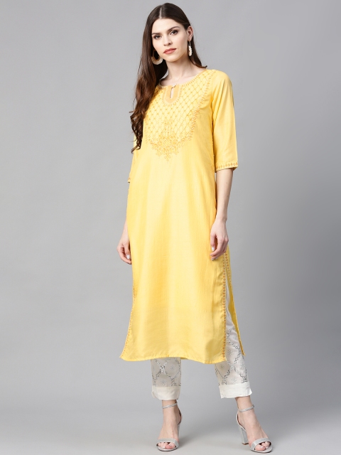 

Juniper Women Yellow & Silver Zari Embroidered Straight Kurta