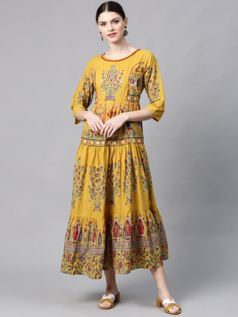 

Juniper Women Mustard Yellow & Blue Tiered Printed Maxi Dress