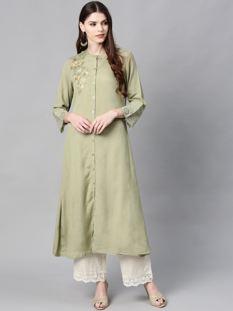 

Juniper Women Olive Green Yoke Design A-Line Kurta