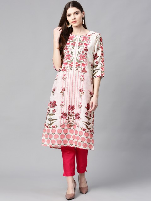 

Juniper Women Off-White & Pink Floral Print Straight Kurta