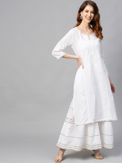 

Juniper Women White Floral Embroidered Kurta with Sharara