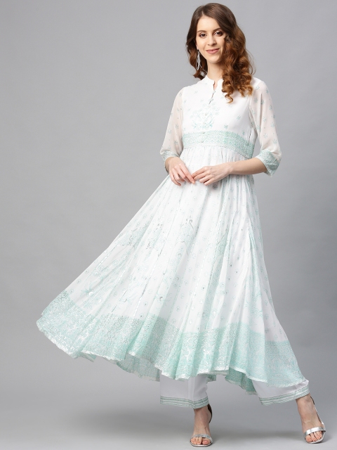 

Juniper Women White & Green Foil Printed Anarkali Kurta with Palazzos