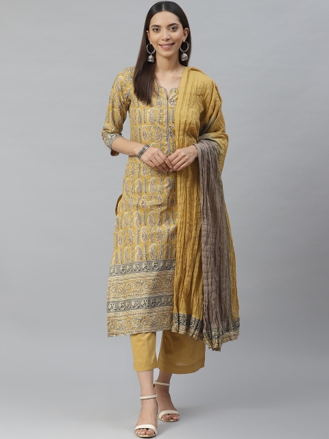 

Biba Women Mustard Yellow& Grey Paisley Print Kurta with Palazzos & Dupatta