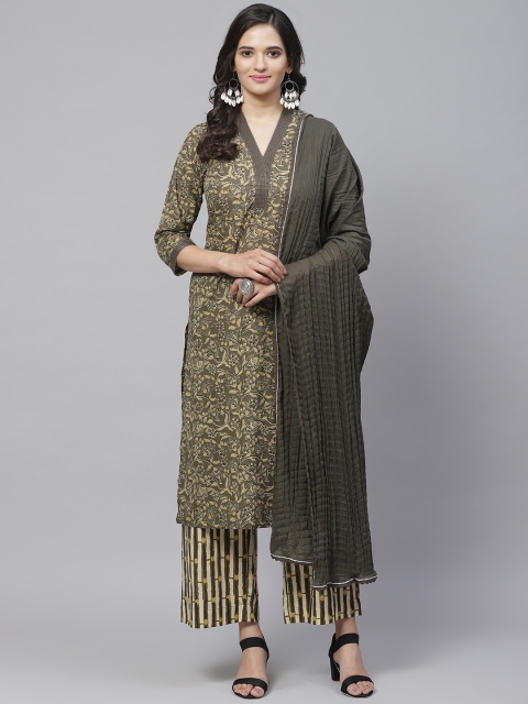 

Biba Women Olive Green & Brown Printed Kurta with Palazzos & Dupatta